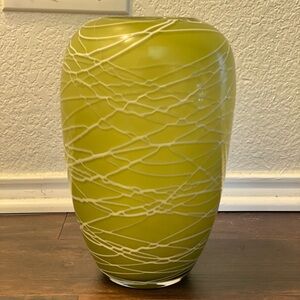 Vintage Hand Blown Cased Glass Green White Overlay White Inside Vase 11"